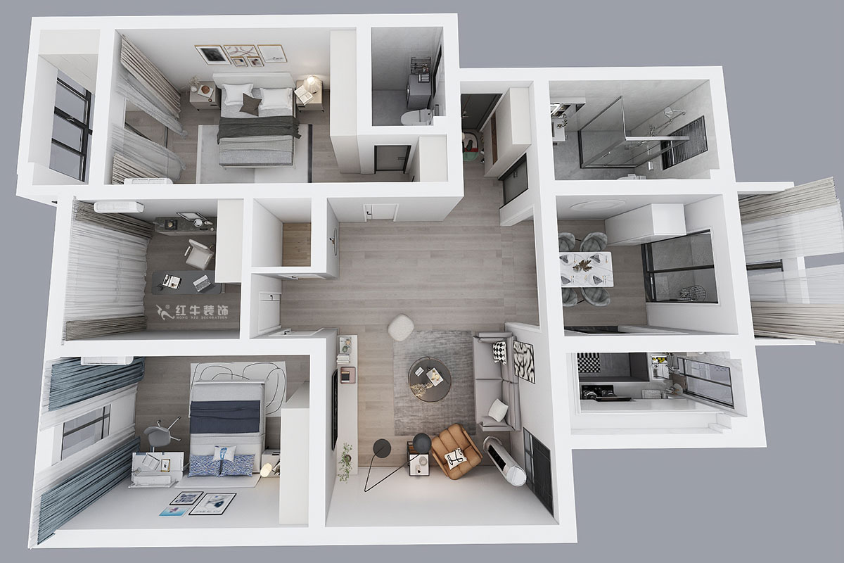 蒋琛｜时代雅居18-305-130㎡-现代简约风格｜3室2厅2卫｜老房装修｜定制家｜全包15万｜00_04鸟瞰图